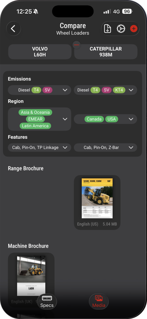 Screenshot of the Spec Check mobile app showing downloadable range and machine brochures for a wheel loader comparison