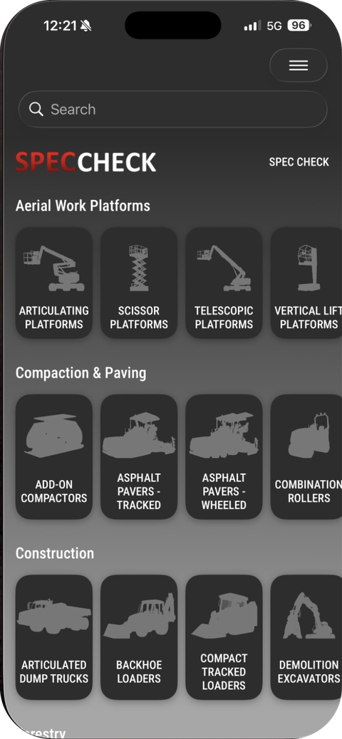 Screenshot of the Spec Check mobile app equipment browse screen listing machine types by category