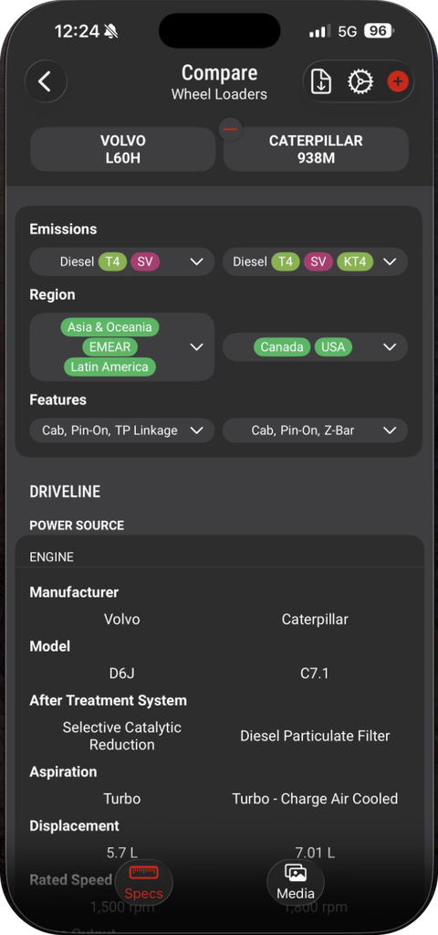 Screenshot of the Spec Check mobile app comparing a Volvo L60H against a Caterpillar 938M wheel loader