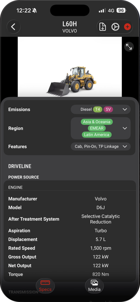 Screenshot of the Spec Check mobile app full spec sheet for a Volvo L60H wheel loader