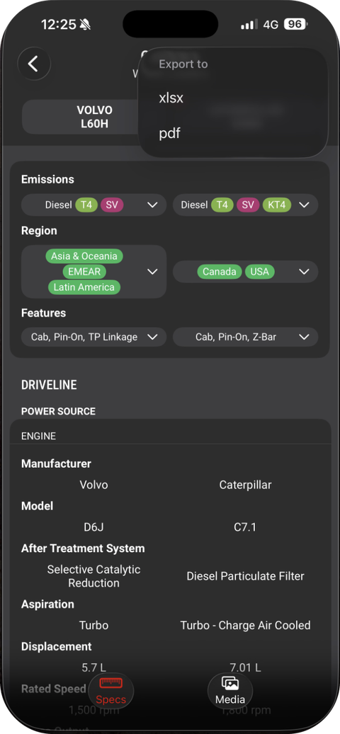 Screenshot of the Spec Check mobile app export menu offering PDF or Excel export of a machine comparison