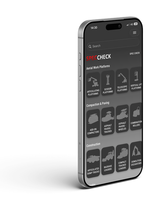 Spec Check mobile app home screen showing equipment categories browsable by type