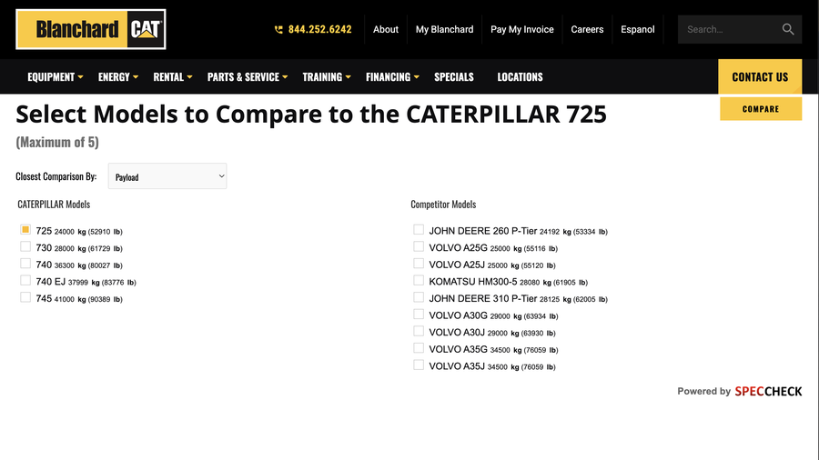 Spec Check Lite comparison widget embedded on Blanchard Cat dealer's website