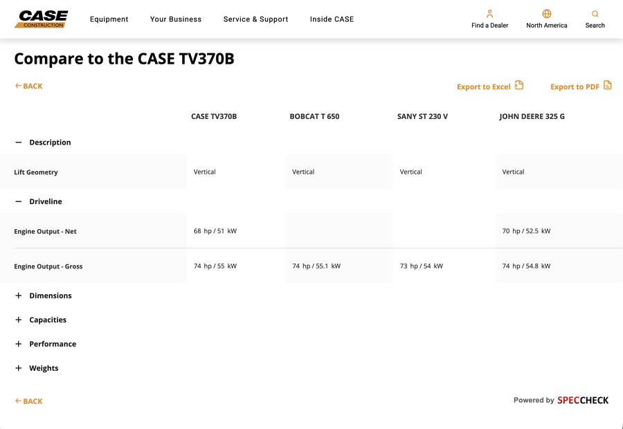 Spec Check Lite comparison widget embedded on Case Construction's website