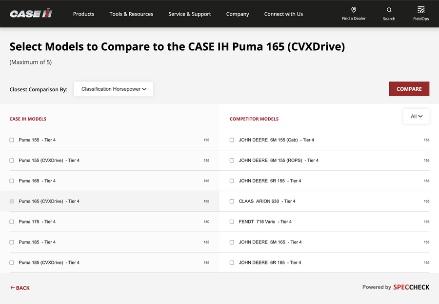 Spec Check Lite comparison widget embedded on Case IH's website