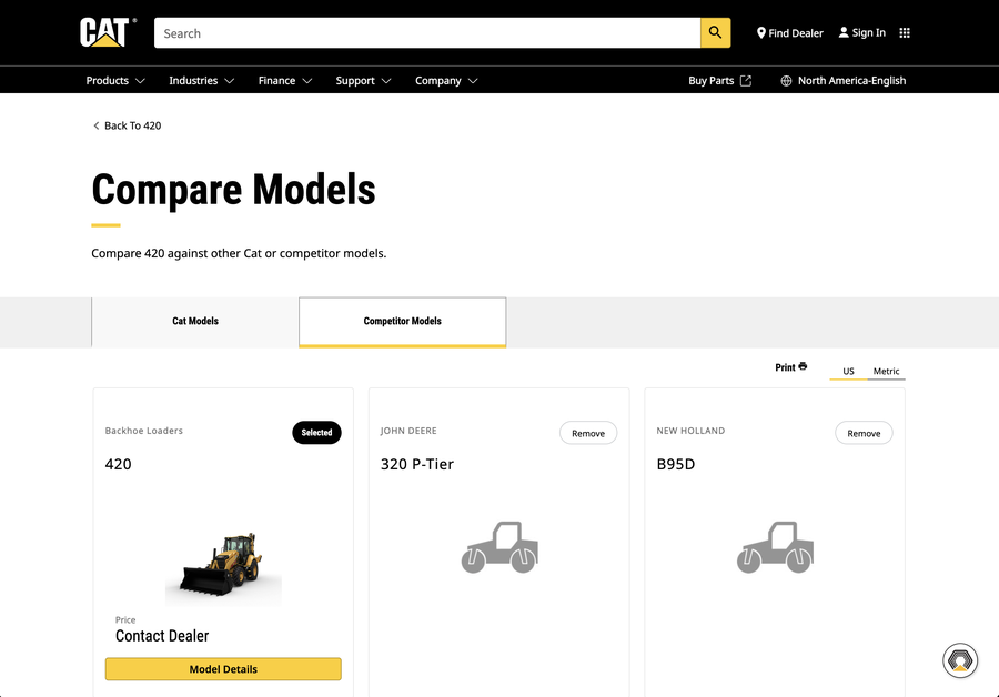Spec Check Lite comparison widget embedded on Caterpillar's website