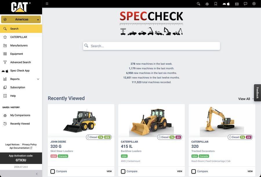 Spec Check Corporate Portal home screen branded for Caterpillar