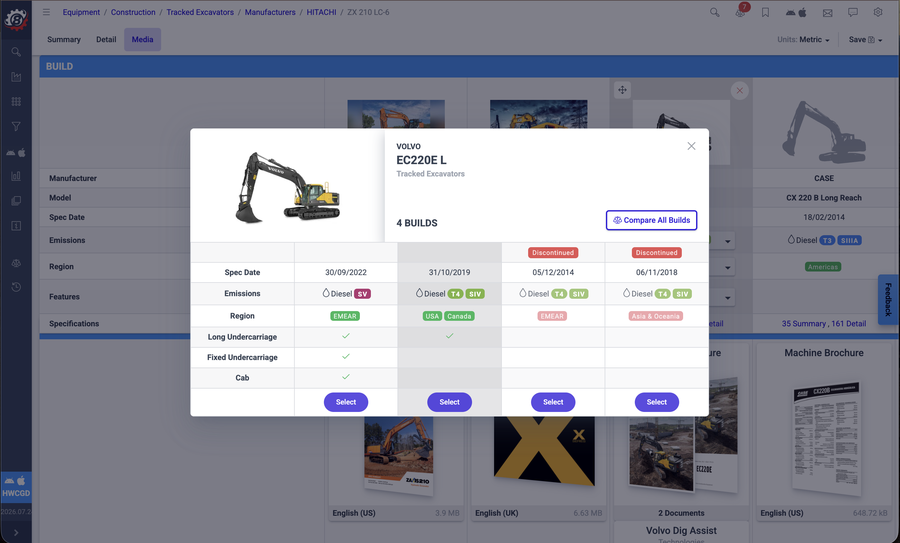 Screenshot of the Spec Check Corporate Portal build selector showing regional and discontinued variants of an excavator model
