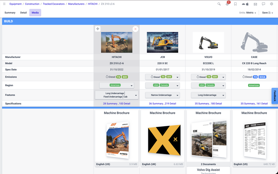 Screenshot of the Spec Check Corporate Portal media tab showing machine photos and downloadable brochures for a side-by-side excavator comparison
