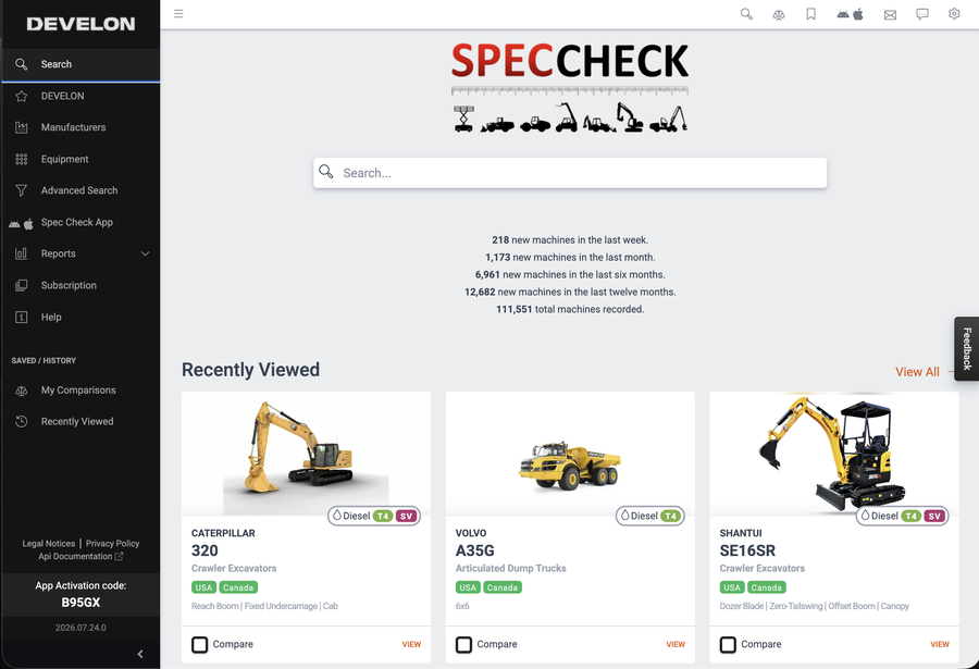 Spec Check Corporate Portal home screen branded for Develon