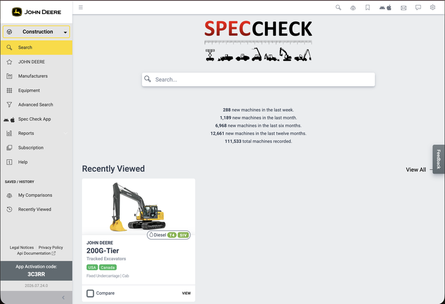 Spec Check Corporate Portal home screen branded for John Deere
