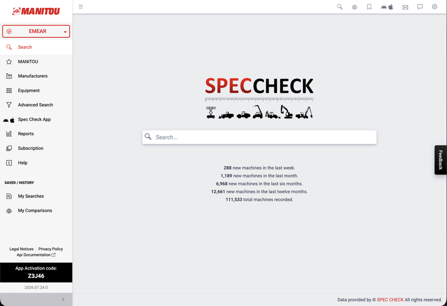 Spec Check Corporate Portal home screen branded for Manitou