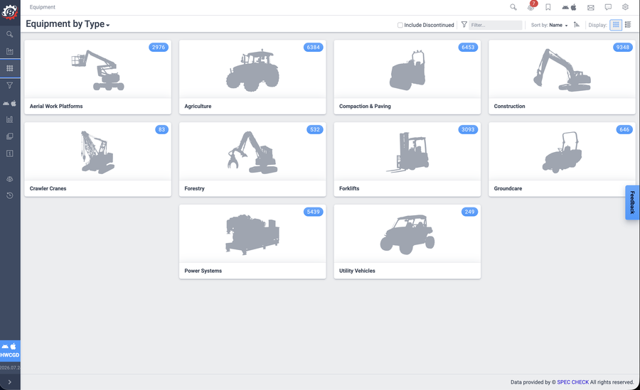 Screenshot of the Spec Check Corporate Portal Equipment by Type browse screen