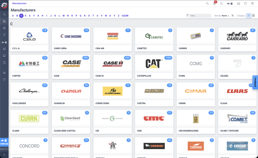 Screenshot of the Spec Check Corporate Portal Manufacturers directory, showing brand logos filtered alphabetically