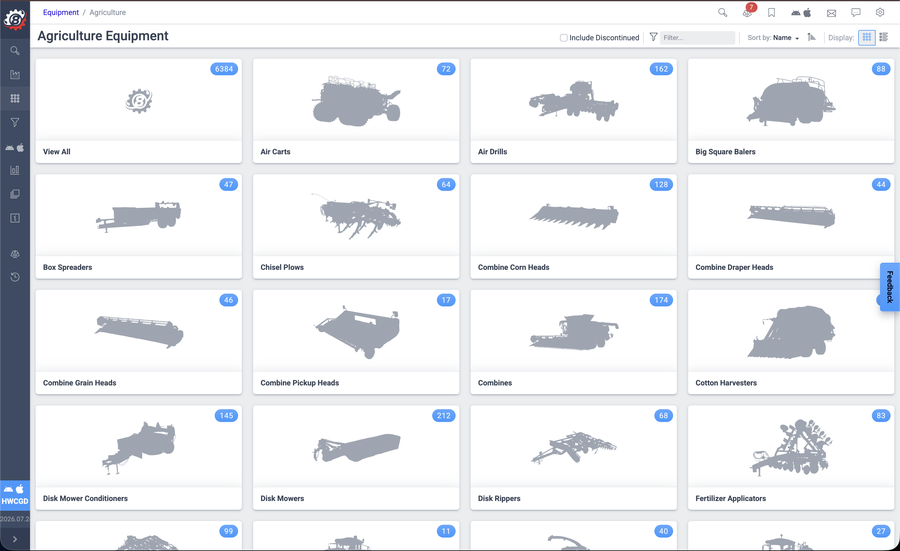 Screenshot of the Spec Check Corporate Portal Agriculture equipment category, browsed by machine sub-type