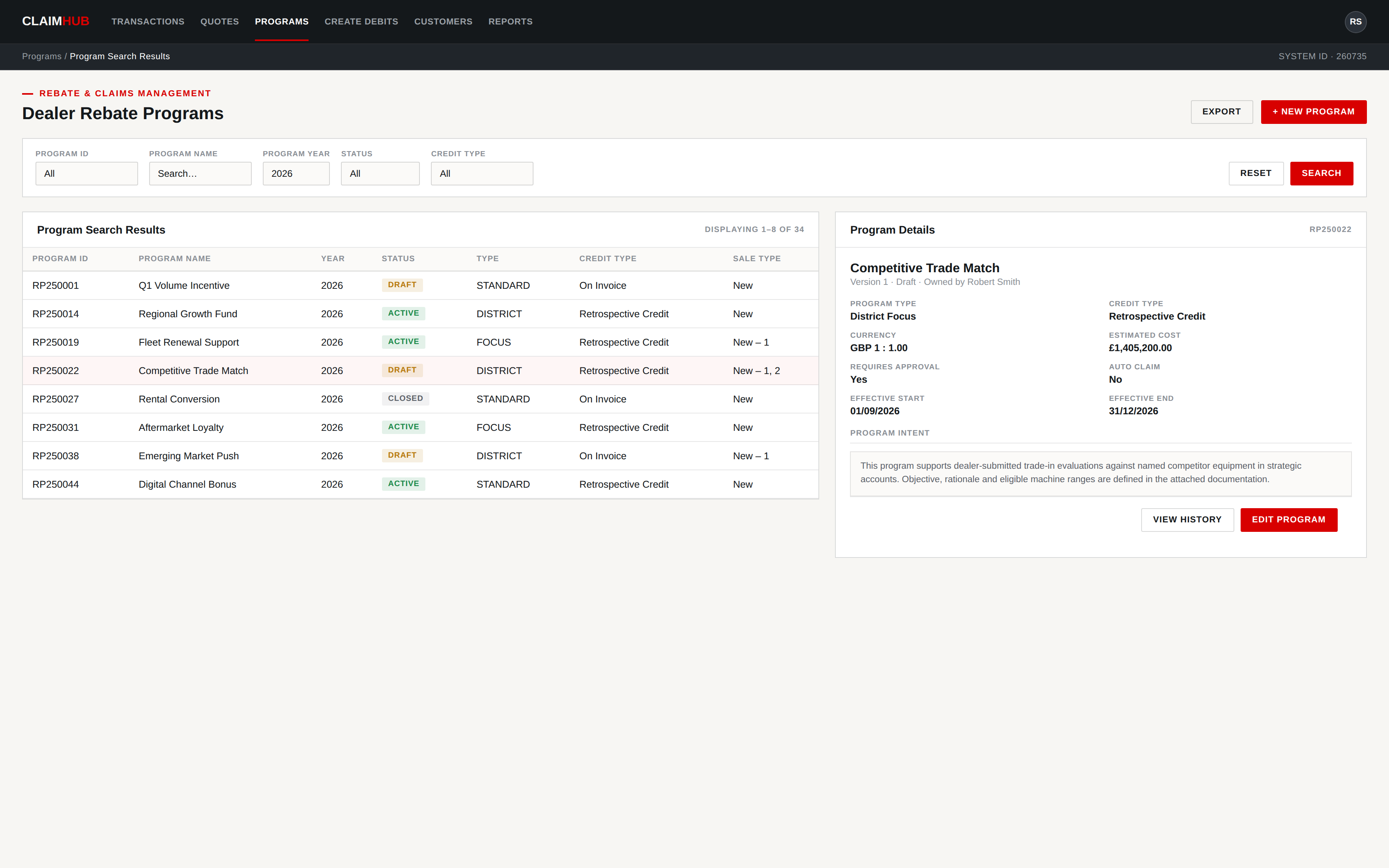 Illustrative example of a dealer rebate and claims management console, showing program search results and a program detail panel