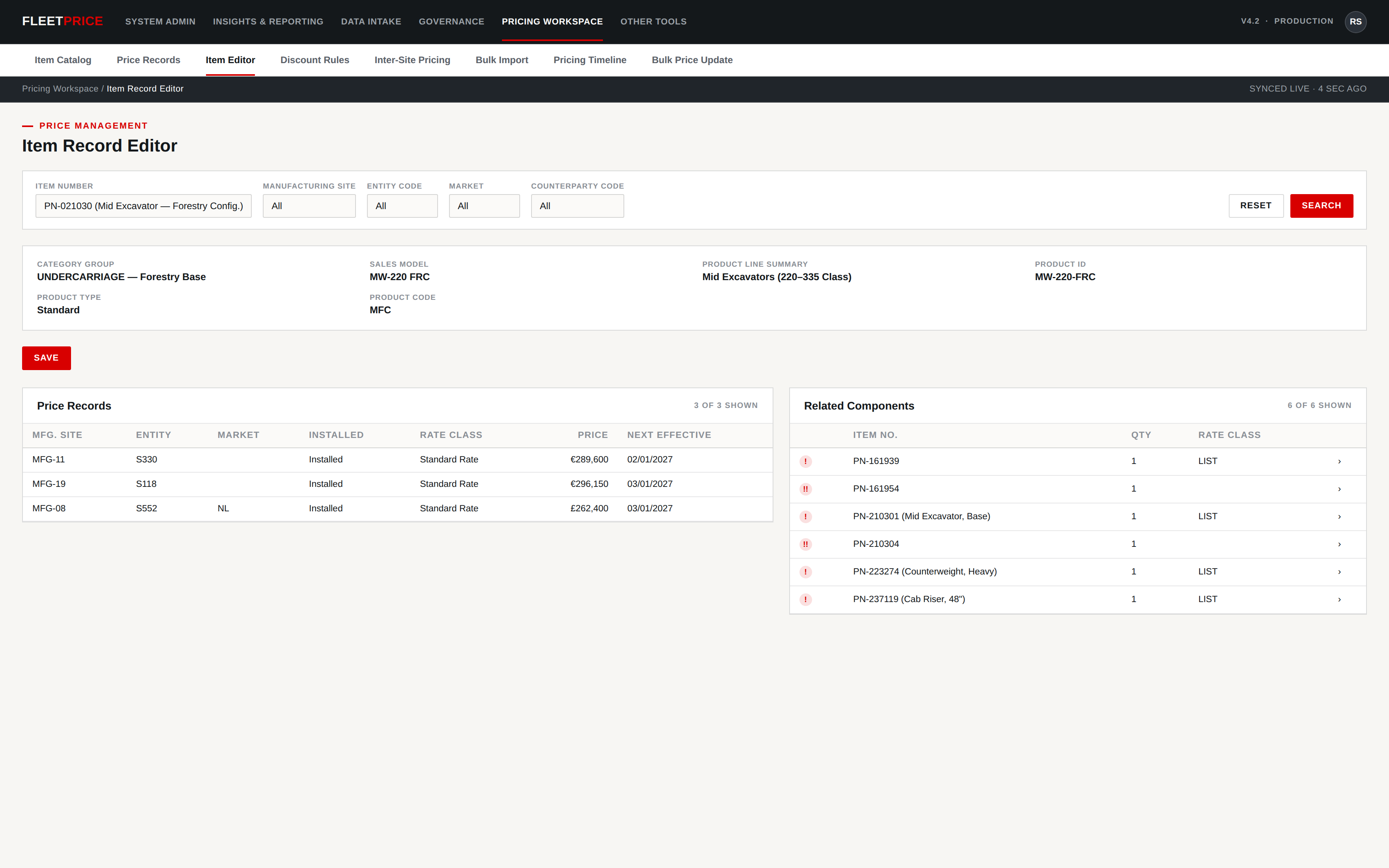 Illustrative example of a single price record editor with related components